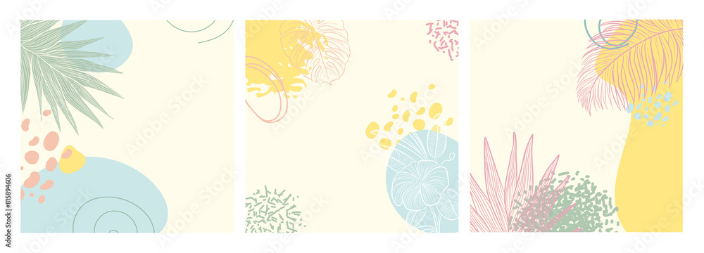 Three abstract background pastelm colored tropical foliage as palm leaves, monstera leaves, and botanical shapes in soft hues