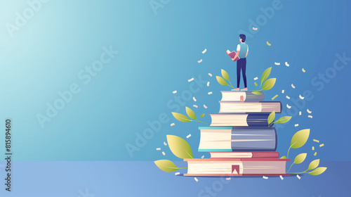 Illustration of a young smart male and female reader sitting on a giant pile of books and reading. Ebook ideas for digital libraries book festival Flat Art Vector