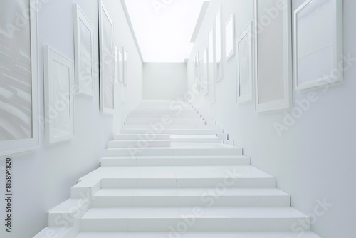 Minimalist exhibition with white frames in a descending staircase pattern. --ar 3 2 --style raw - Image  4  Ammar Malik