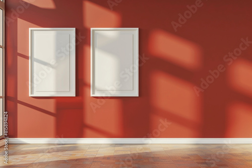 Minimalist elegance: three white art frames on a light red polished wall, spotlighted for impact.