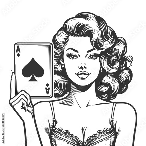 pin-up girl displaying an Ace of Spades card, symbolizing luck and strategy sketch engraving generative ai fictional character vector illustration. Scratch board imitation. Black and white image.