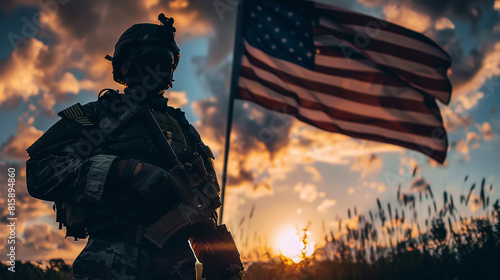 An American soldier is standing in front of an American flag  shot from the rear.generative AI photo