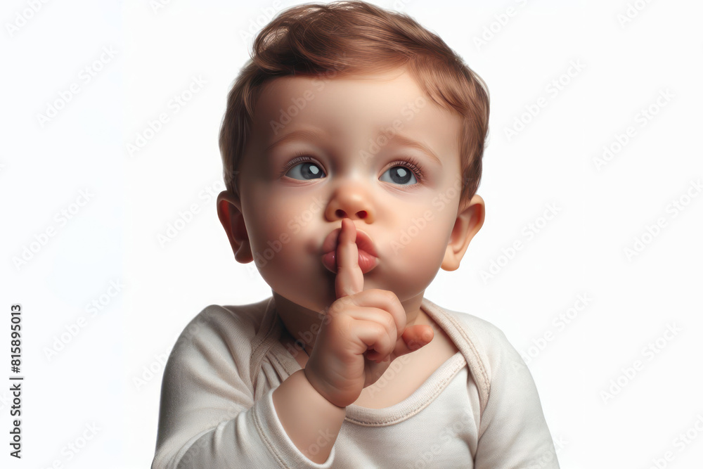 baby gesturing asking for silence presses his finger to his lips and demands to close his mouth Isolated baby gesturing asking for silence presses his finger to his lips and demands to close his mouth Isolated