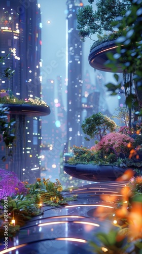 Futuristic Rooftop Garden with Vibrant Bokeh Lights Blending Nature and Technology