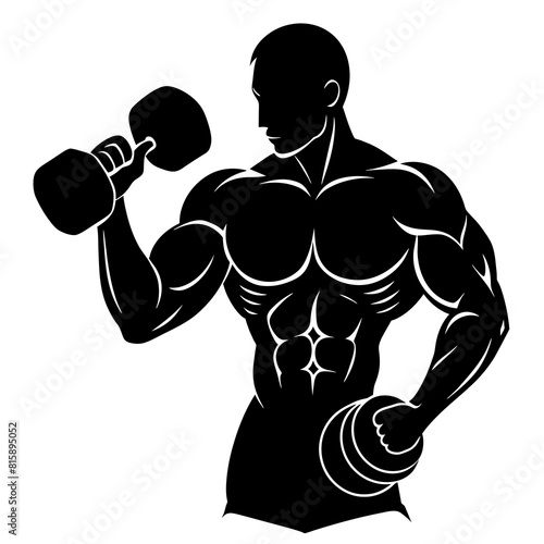 Silhouette of a bodybuilder holding a dumbbell at the gym and showcasing his muscular physique vector illustration 
