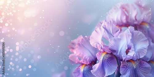 Close-up of vibrant purple iris flowers against a sparkling light lillac background photo