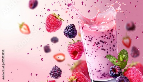 A glass of pink drink with strawberries and raspberries floating in the air by AI generated image