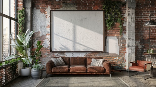 Frame mockup in living room loft, industrial style.