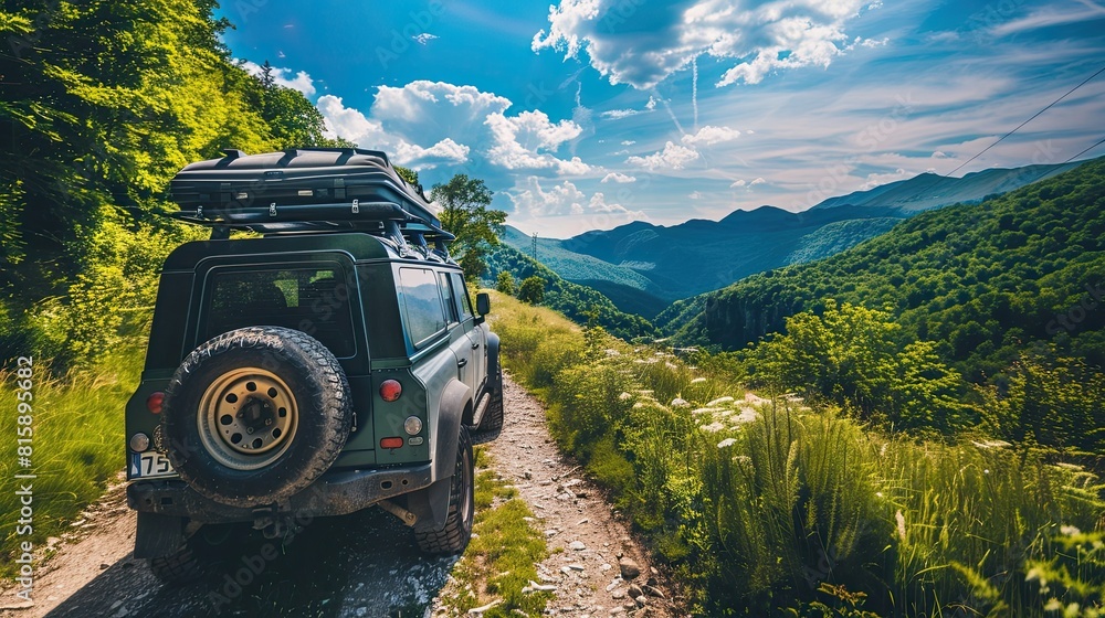 an SUV car equipped with a roof box traversing a scenic mountain road, symbolizing the freedom and excitement of family vacations and travel adventures amidst breathtaking summer landscapes. an SUV car equipped with a roof box traversing a scenic mountain road, symbolizing the freedom and excitement of family vacations and travel adventures amidst breathtaking summer landscapes.