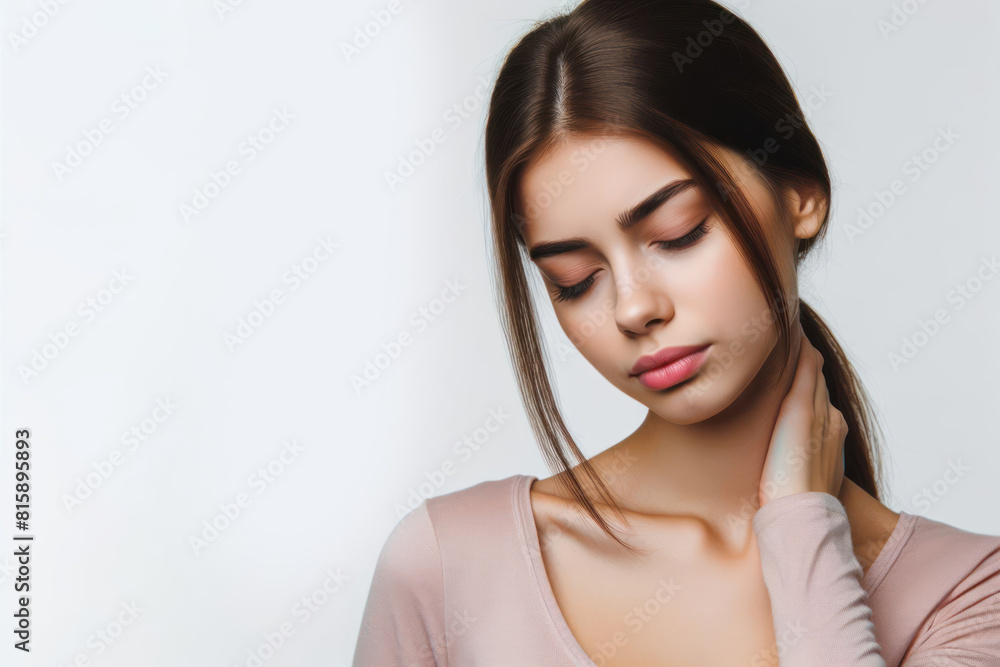 Girl with neck pain problems Isolated on white background Girl with neck pain problems Isolated on white background
