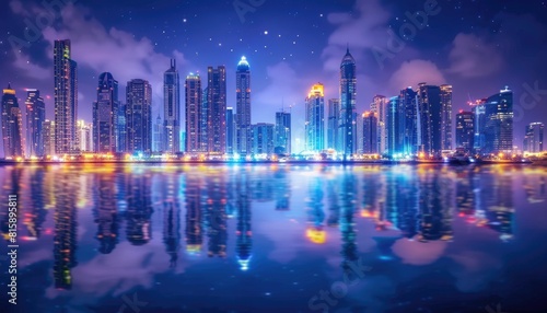 A city skyline is reflected in a body of water by AI generated image