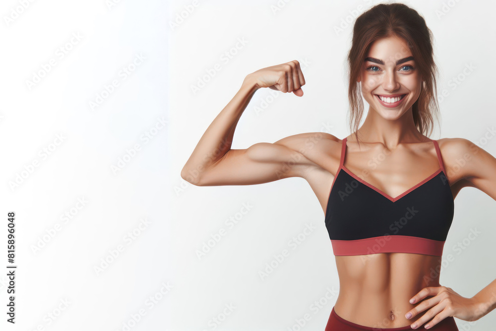 Fototapeta premium Happy young woman with slim body showing her muscles Isolated on white background