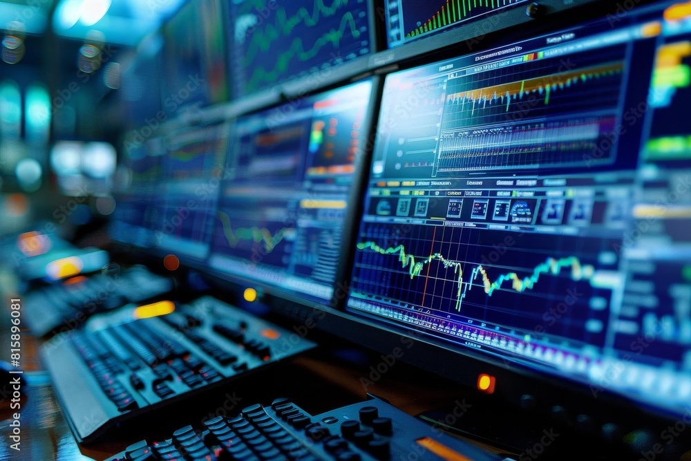Financial analytics processed through sophisticated digital interfaces in a control room Financial analytics processed through sophisticated digital interfaces in a control room