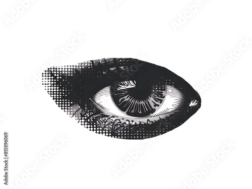 Eye in style effect halftone grain texture, retro collage. Adult eye of person woman, organ from dots pop art grunge. Illustration isolated on transparent background