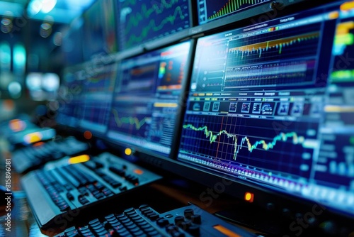 Financial analytics processed through sophisticated digital interfaces in a control room