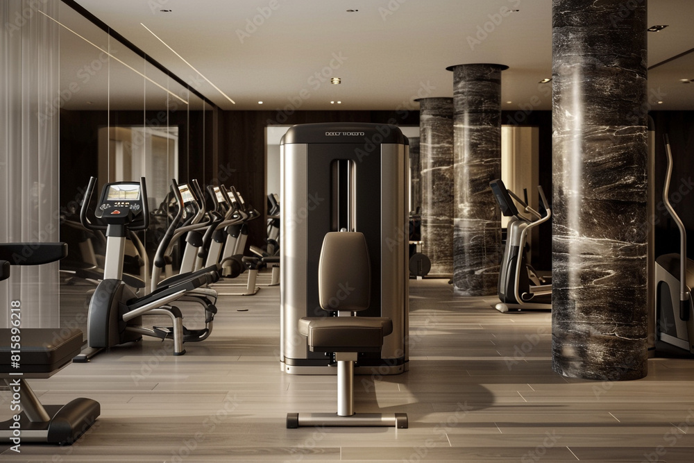 Obraz premium Modern luxury wear house workout room with high-end gym equipment and a sleek design, viewed from the front.
