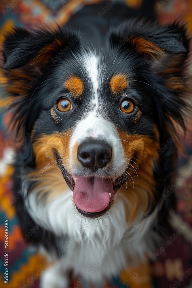 Fototapeta premium View from above of a happy mixed breed dog looking up at the camera. border collie