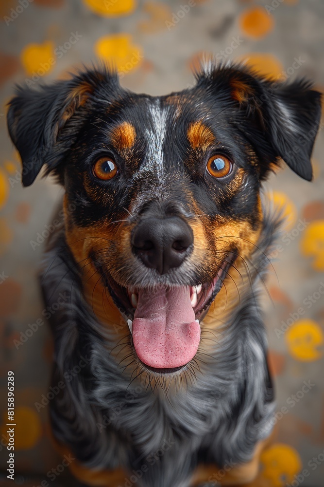 Fototapeta premium View from above of a happy mixed breed dog looking up at the camera. 