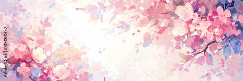 Abstract illustration of blooming cherry blossoms in pastel shades of pink, blue, and white with a soft, dreamy background