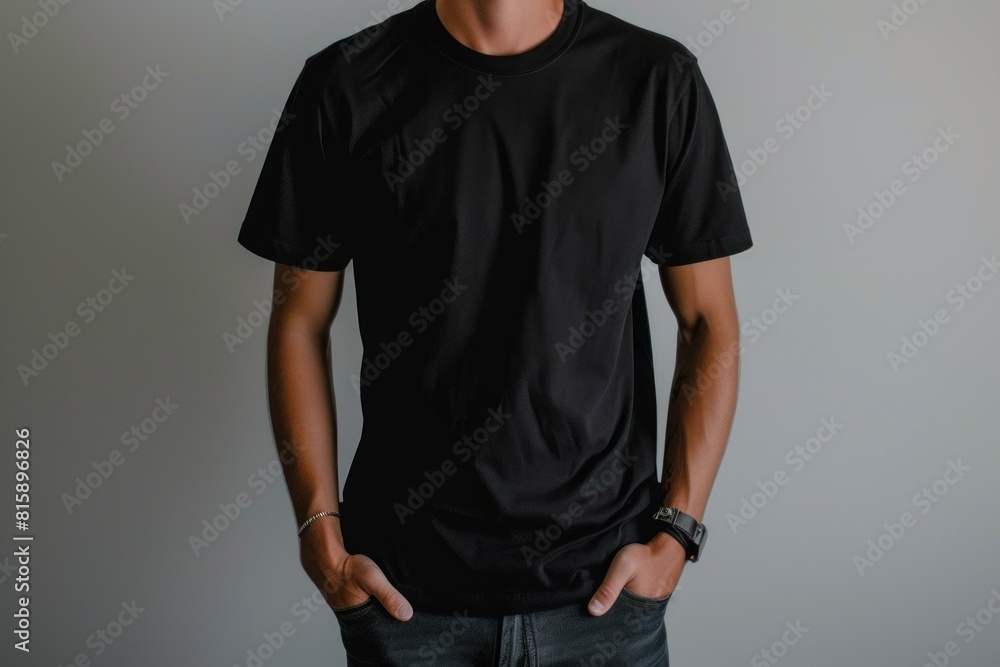 Cropped image of a man wearing a plain black t-shirt, suitable for apparel mockups Cropped image of a man wearing a plain black t-shirt, suitable for apparel mockups