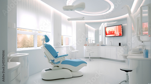 Modern dental clinic  chair and other medical supplies. Dental care.