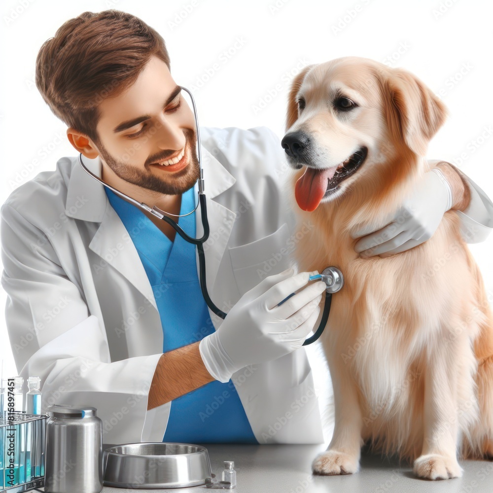 Veterinarian, an animal doctor checking a dog at a vet clinic Isolated on white background Veterinarian, an animal doctor checking a dog at a vet clinic Isolated on white background