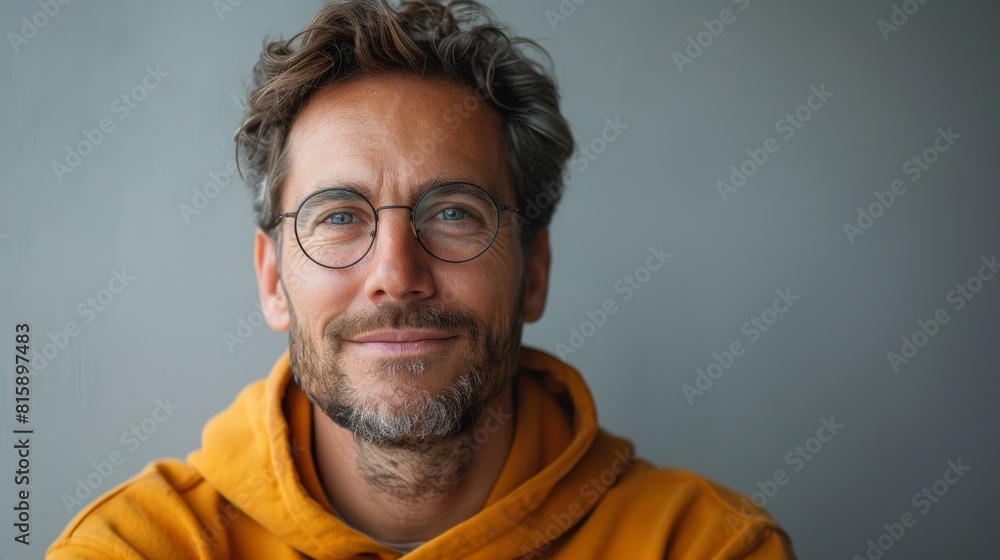 Portrait of a middle-aged man in glasses and a yellow hoodie Portrait of a middle-aged man in glasses and a yellow hoodie