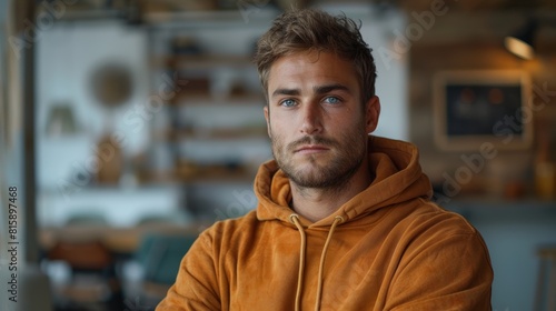 Portrait of a middle-aged man in  a yellow hoodie