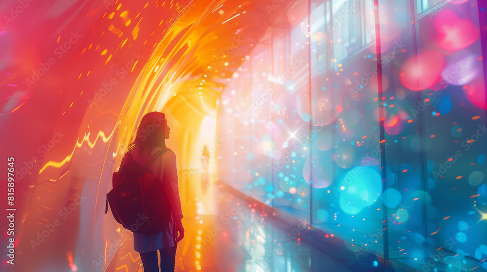 A woman wearing a backpack is walking through a tunnel A woman wearing a backpack is walking through a tunnel