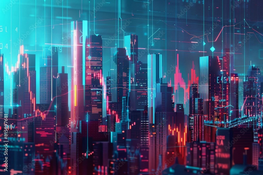 Futuristic cityscape visualized with vibrant digital financial graphs Futuristic cityscape visualized with vibrant digital financial graphs