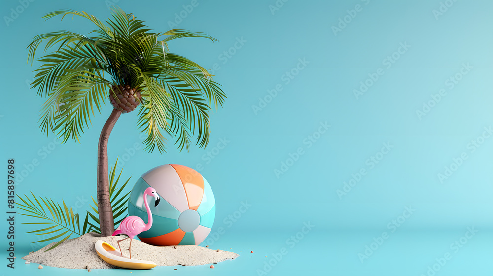 A palm tree with a beach ball and pink flamingo float on a blue background for a minimal summer concept banner design. 3d render style