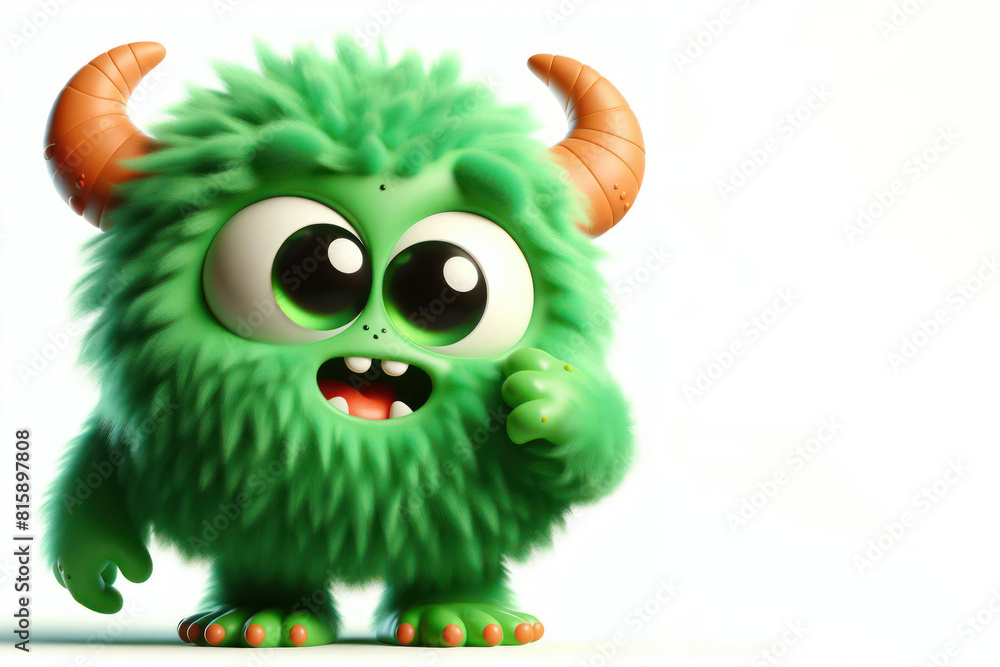 Fototapeta premium 3d Green fluffy cartoon monster