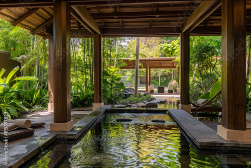 A tranquil Zen spa adorned with bamboo accents, soothing water features, and plush relaxation areas, offering a sanctuary for rejuvenation, relaxation, and holistic wellness treatments. © grey