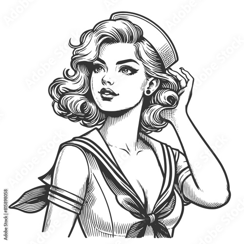 glamorous pin-up girl in a sailor hat exuding charm and a playful nautical theme sketch engraving generative ai fictional character vector illustration. Scratch board imitation. Black and white image.