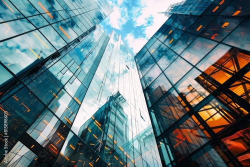 Glass skyscrapers reflecting corporate finance statistics