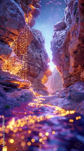 Futuristic Canyon with Vibrant Bokeh Lighting Effects Highlighting Captivating Rock Formations and Advanced Technology