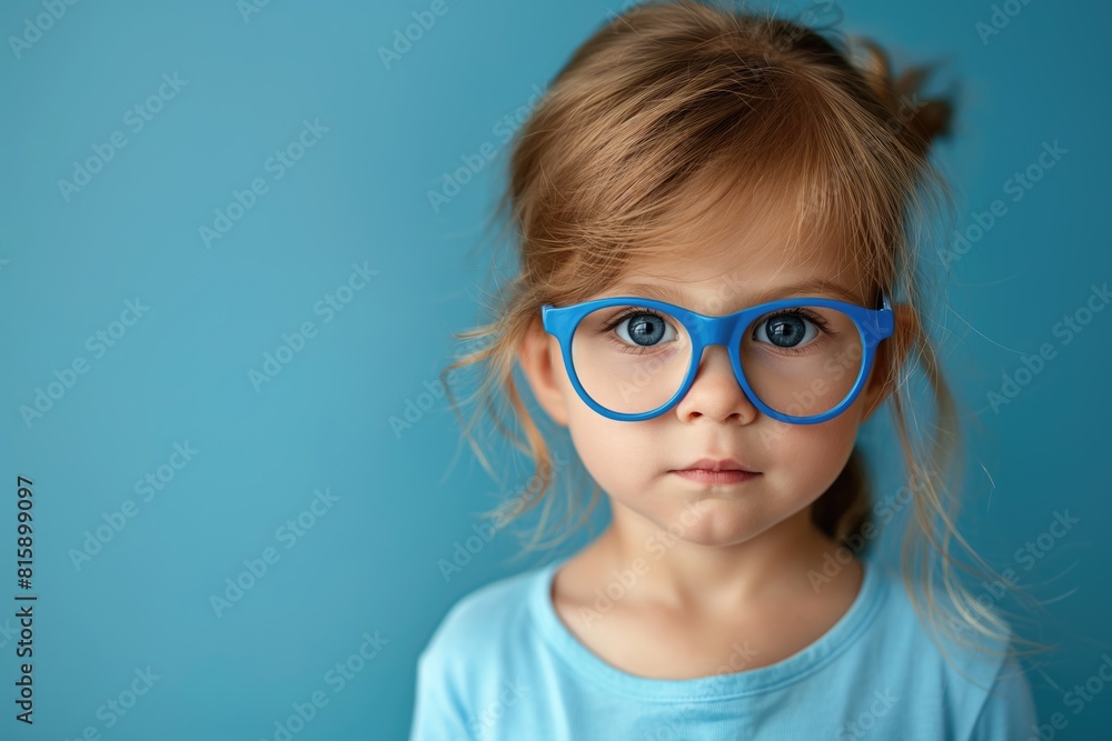 A young girl with blue glasses in front of a blue wall