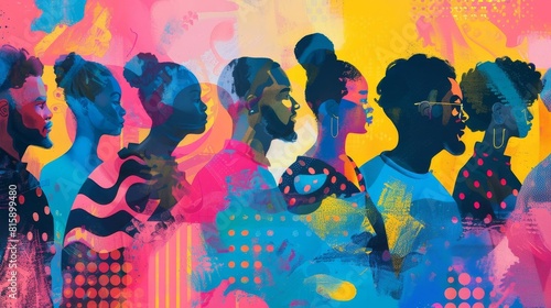 Group of people illustrated in colorful abstract art
