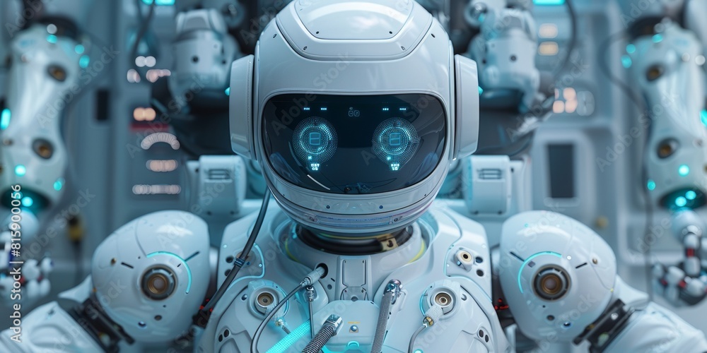 Fototapeta premium Advanced humanoid robot with a detailed mechanical design in a futuristic factory