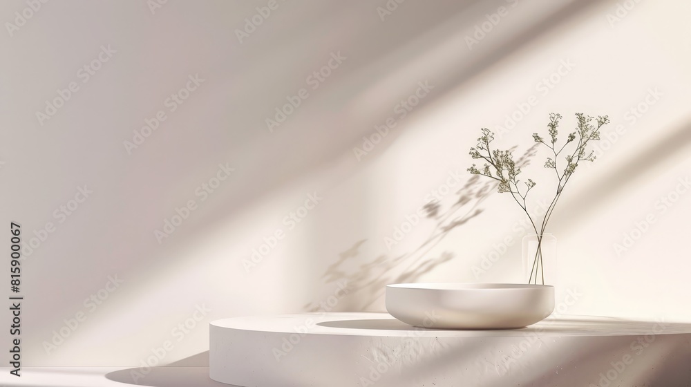 White podium with plant shadow on white background White podium with plant shadow on white background