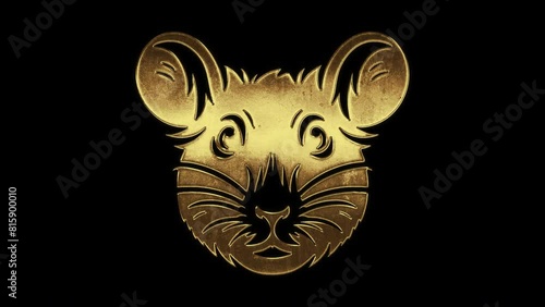 Golden mouse face like gold leaf with shiny outline, alpha channel, transparent background photo