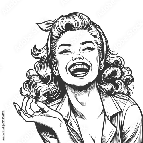 woman laughing heartily, her head thrown back in a moment of pure joy and infectious mirth sketch engraving generative ai fictional character vector illustration. Black and white image.