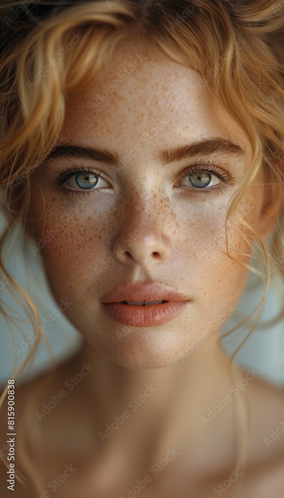 e a portrait of a woman with a natural, raw aesthetic. She should have medium-toned skin with noticeable freckles and a natural glow. e a portrait of a woman with a natural, raw aesthetic. She should have medium-toned skin with noticeable freckles and a natural glow.