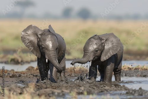 Two young elephants joyfully splash in a mud puddle  cooling off under the bright sunlight in their natural habitat.