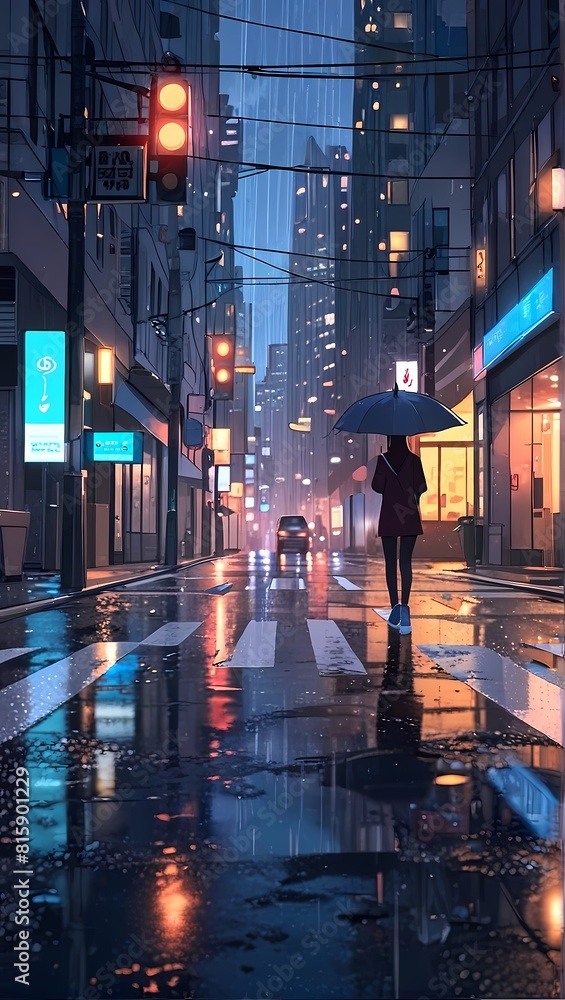 Naklejka premium Rainy city street, cars, woman with umbrella, Anime style illustration, anime background