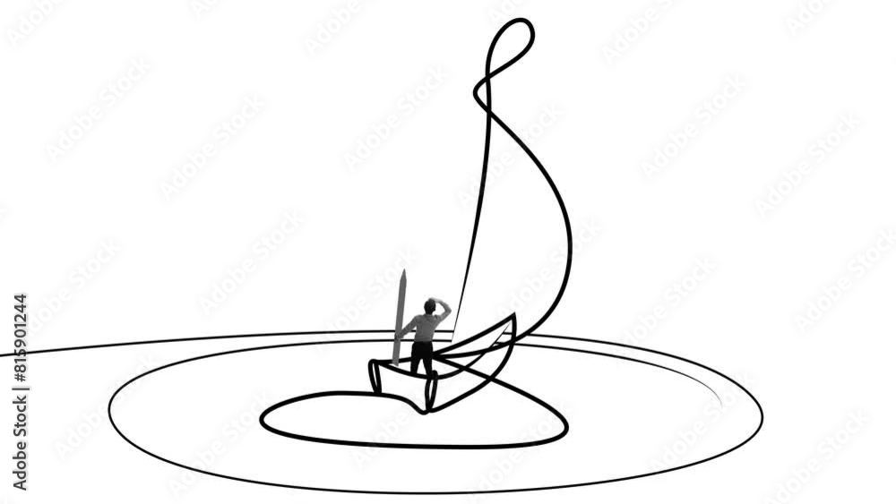 Businessman standing on a boat symbolizing leadership, innovations, strategic decision making and navigation in business. Stop motion, animation. Single line drawing. Business, success, ambitions Businessman standing on a boat symbolizing leadership, innovations, strategic decision making and navigation in business. Stop motion, animation. Single line drawing. Business, success, ambitions