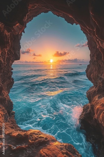 A breathtaking sunrise scene viewed from the mouth of a sea cave, where the sun illuminates vibrant blue ocean waves. © Alisa
