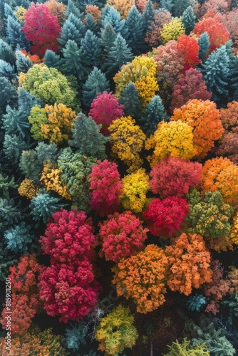 A stunning aerial photograph captures a forest in autumn  showcasing a breathtaking array of red  orange  and yellow foliage.