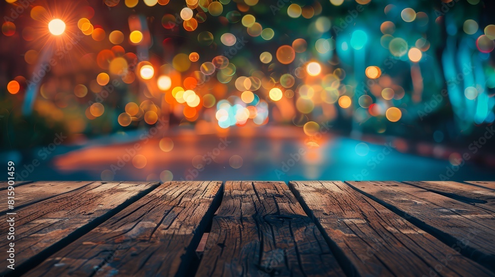Present an unoccupied brown wooden table with a colorful bokeh effect from urban night lights in the background, ethereal, Overlay, designed with copy space Present an unoccupied brown wooden table with a colorful bokeh effect from urban night lights in the background, ethereal, Overlay, designed with copy space