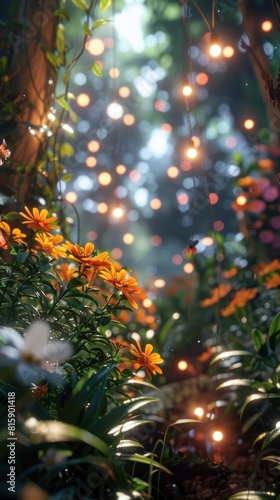 Lush Glade with Vibrant Bokeh Lights A Fusion of Nature and Advanced Technology